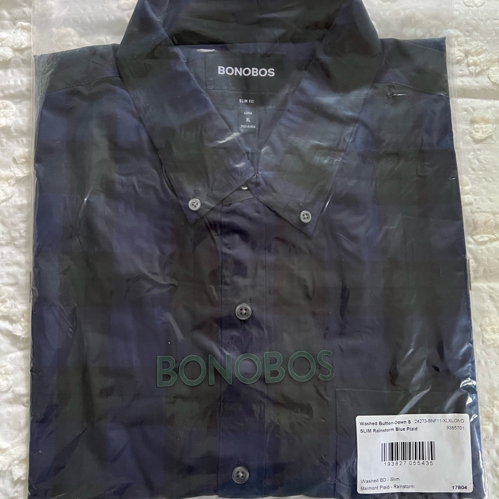 NWT Bonobos Washed Button Down Slim Rainstorm Blue Plaid XL LONG